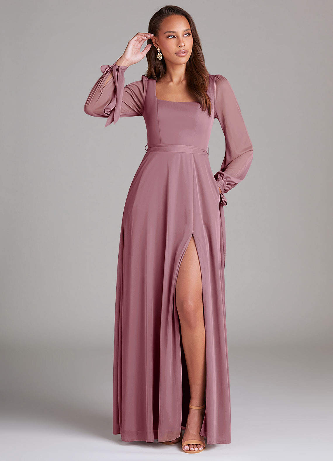 Azazie Leonia Brautjungfernkleider A-Linie Langarm Gittergewebe Kleid Vintage Mauve image1
