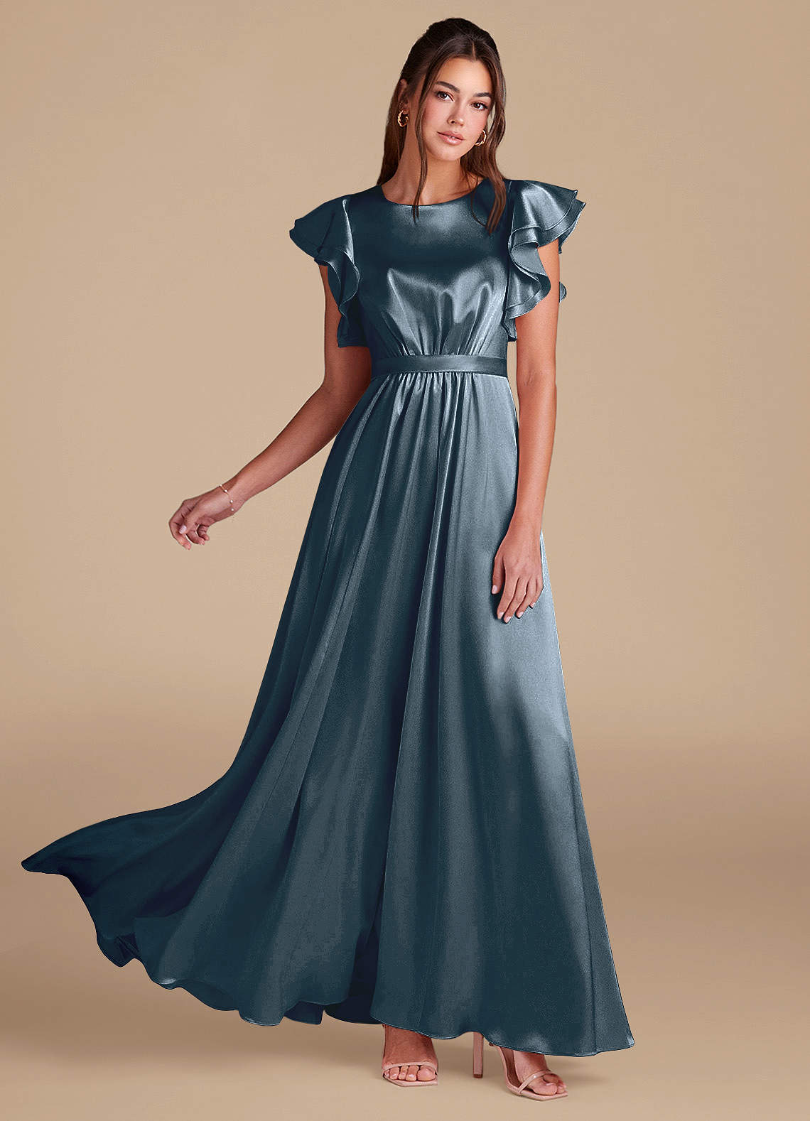 Azazie Daphne Modest Bridesmaid Dresses A-Line Ruched Metallic Satin Floor-Length Dress image1