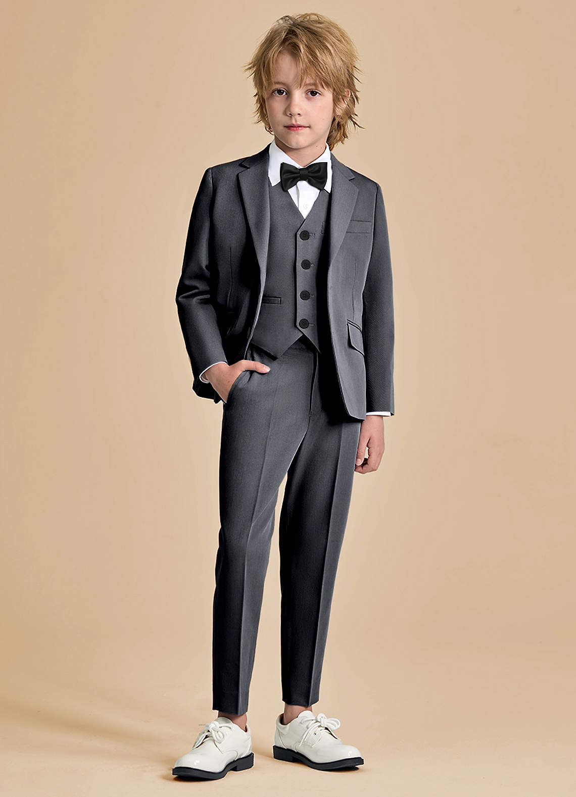 front Oliver Boys Charcoal 5-Piece Suit With Bow Tie