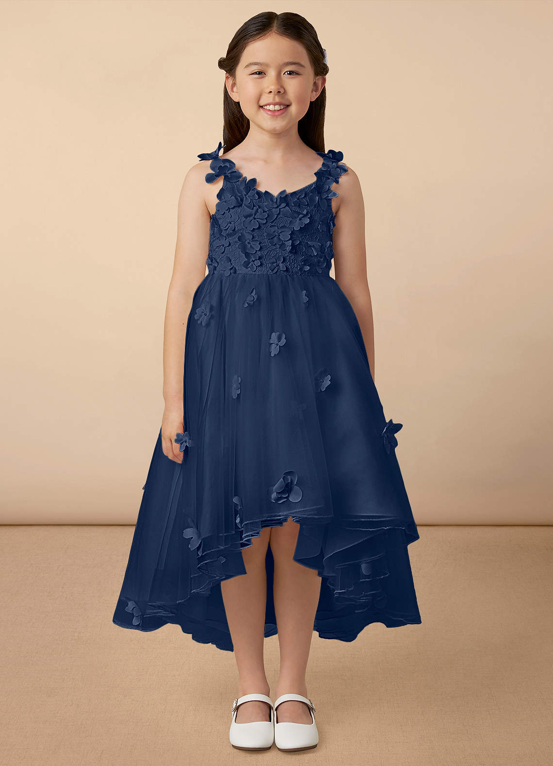 Azazie Ceres Flower Girl Dresses Dark Navy Ball-Gown Lace Tulle Dress image1