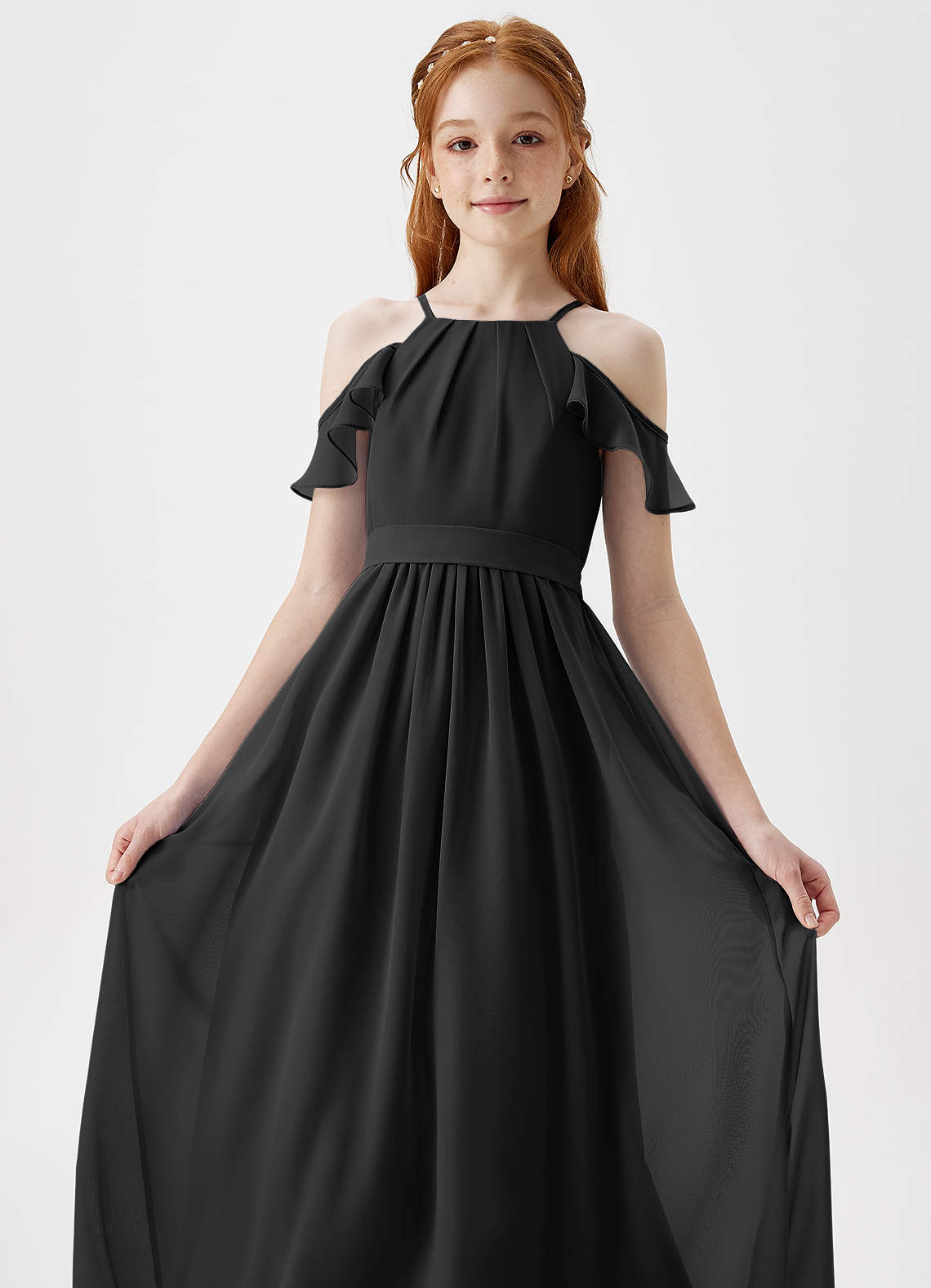 Azazie Chaya Junior Black A-Line Off the Shoulder Chiffon Dress image1