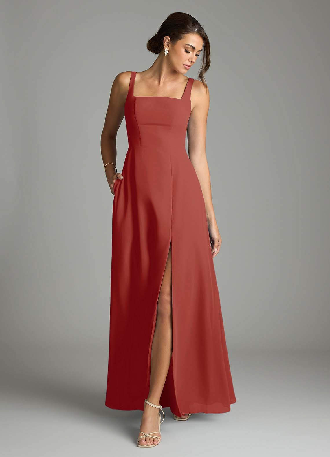 Azazie A-Line Square Neck Floor-Length Chiffon Bridesmaid Dresses - Terracotta Azazie A-Line Square Neck Floor-Length Chiffon Bridesmaid Dresses - Terracotta