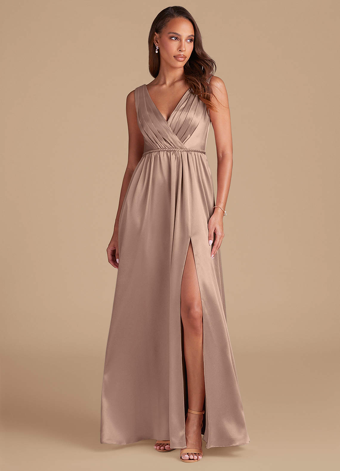 Azazie Tanicia Bridesmaid Dresses Taupe A-Line Pleated Metallic Satin Dress image1