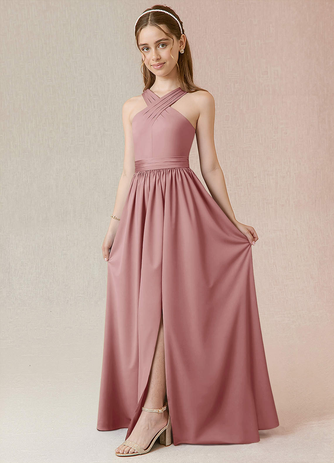 Azazie Jiya Junior Dusty Rose A-Line Pleated Stretch Satin Dress image1