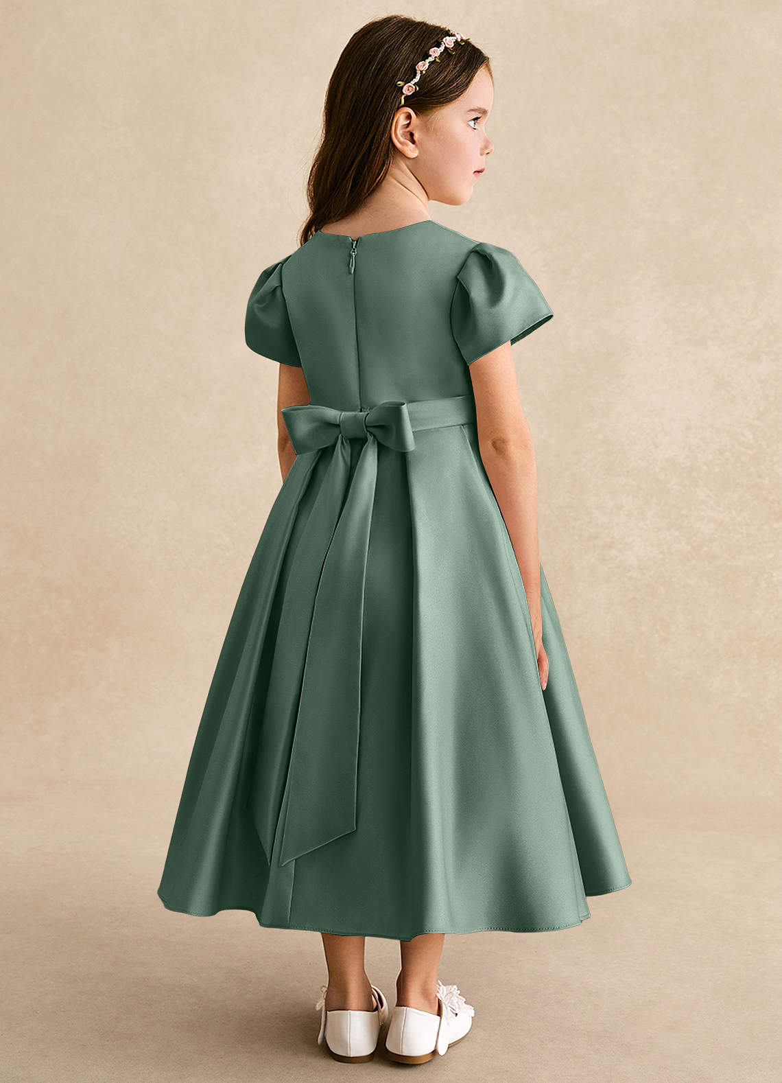 Azazie Princess Flower Girl Dresses Eucalyptus A-Line Pleated Matte Satin Dress image1