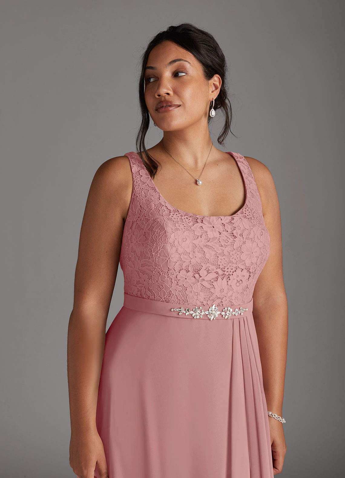 Azazie Ainsling Mother of the Bride Dresses Dusty Rose A-Line Square Neckline Lace Chiffon Dress image12