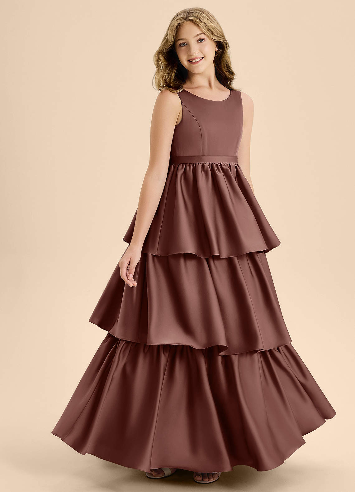 Azazie Meadowyn Junior Espresso A-Line Bow Stretch Satin Dress image1