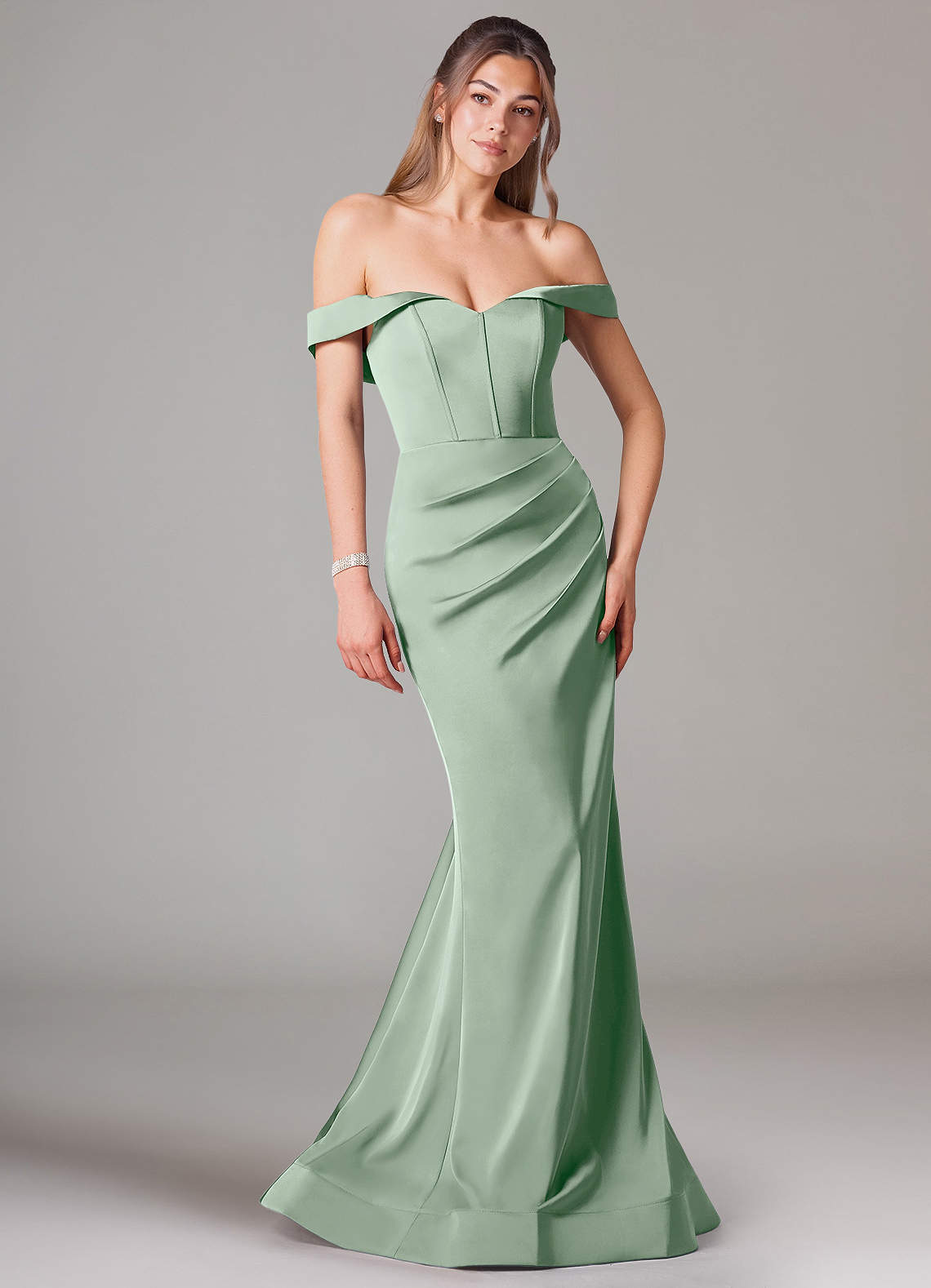 Azazie Everly Bridesmaid Dresses Agave Mermaid Off the Shoulder Stretch Satin Convertible Dress image1