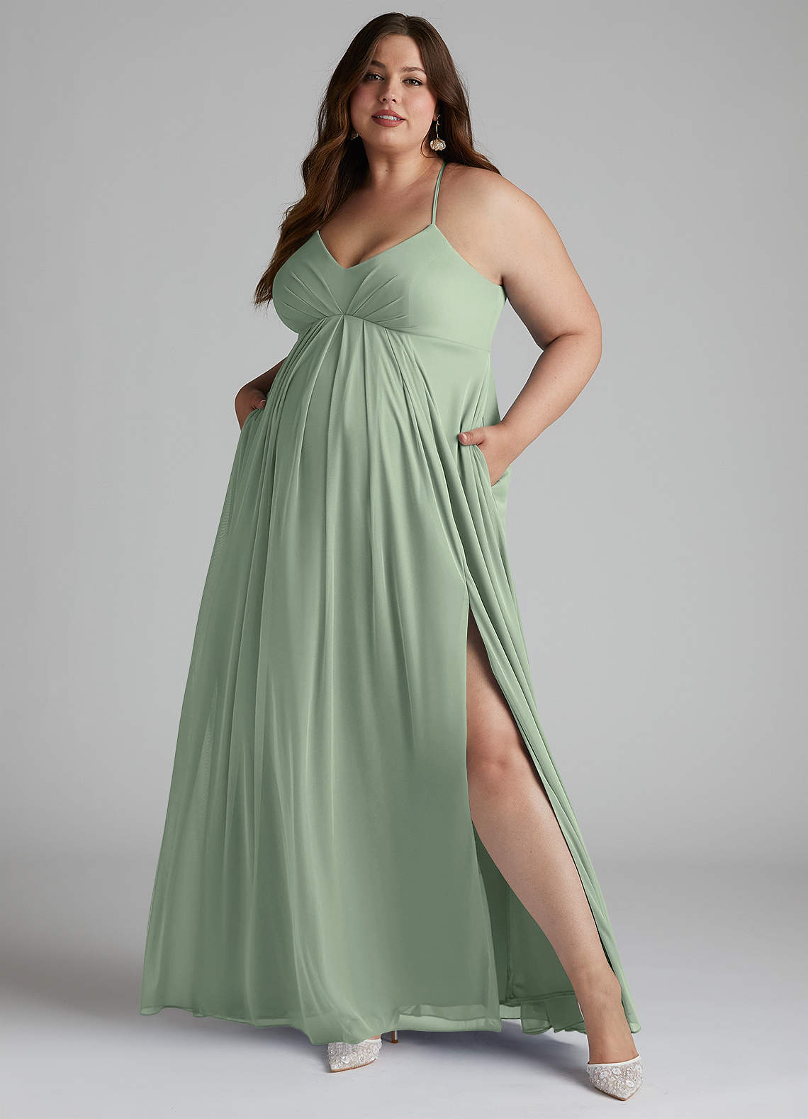 Azazie Annabelle Maternity Bridesmaid Dresses A-Line V-Neck Pleated Mesh Floor-Length Dress image8