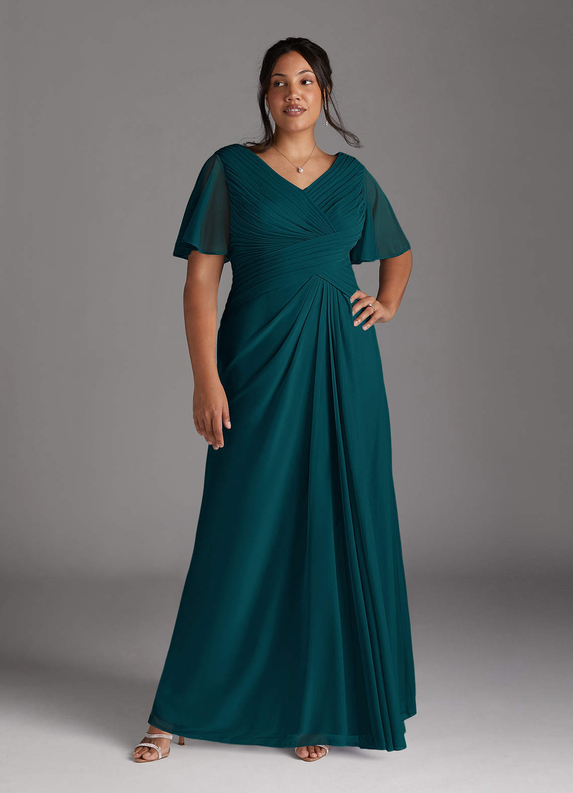 Azazie Emmeline Mother of the Bride Dresses Pine A-Line V-Neck Pleated Mesh Dress image7