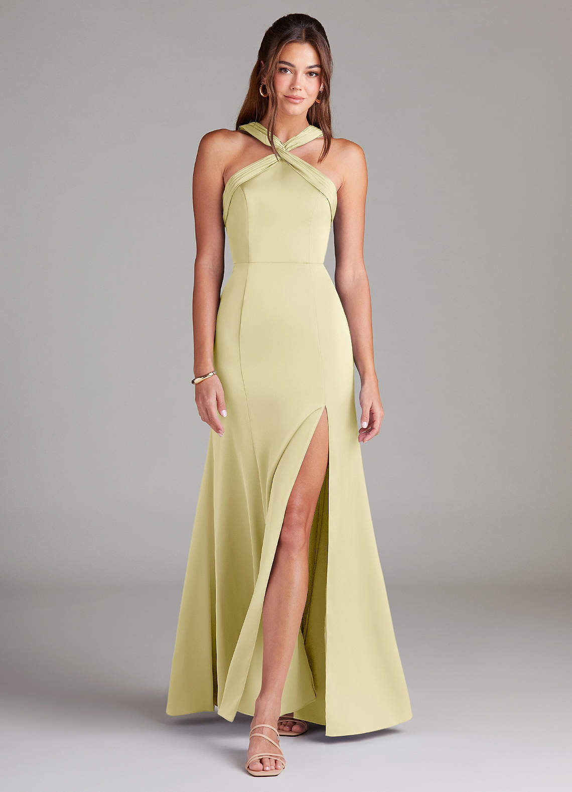 Azazie Rue Bridesmaid Dresses Lemon Sorbet Mermaid Pleated Stretch Satin Dress image2