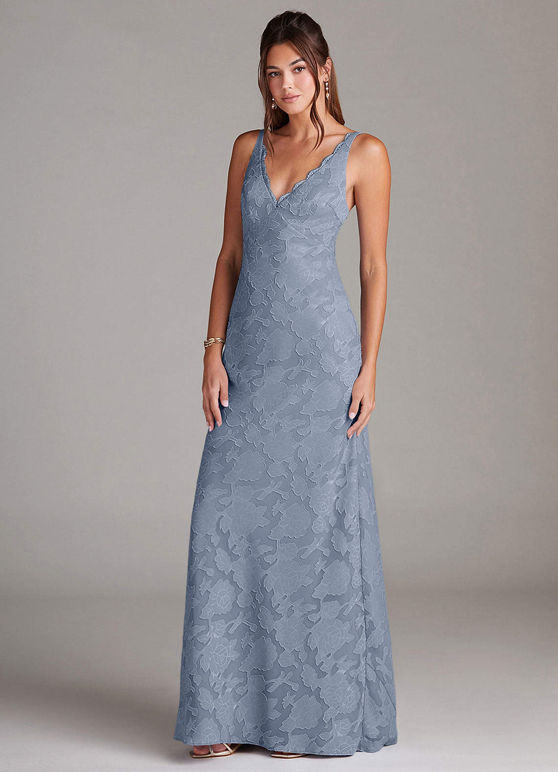 Azazie Tianna Bridesmaid Dresses Dusty Blue Sheath Lace Floral Burnout Dress image3