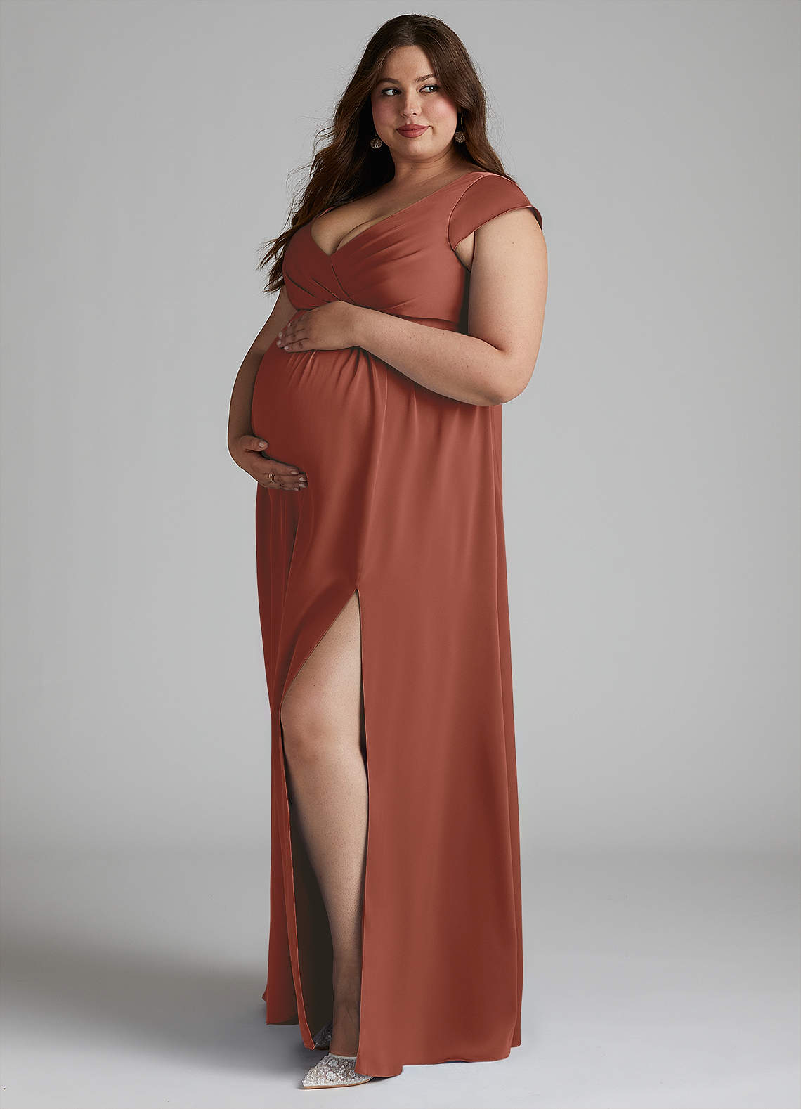 Azazie Allessia Maternity Bridesmaid Dresses A-Line Pleated Stretch Satin Floor-Length Dress image1