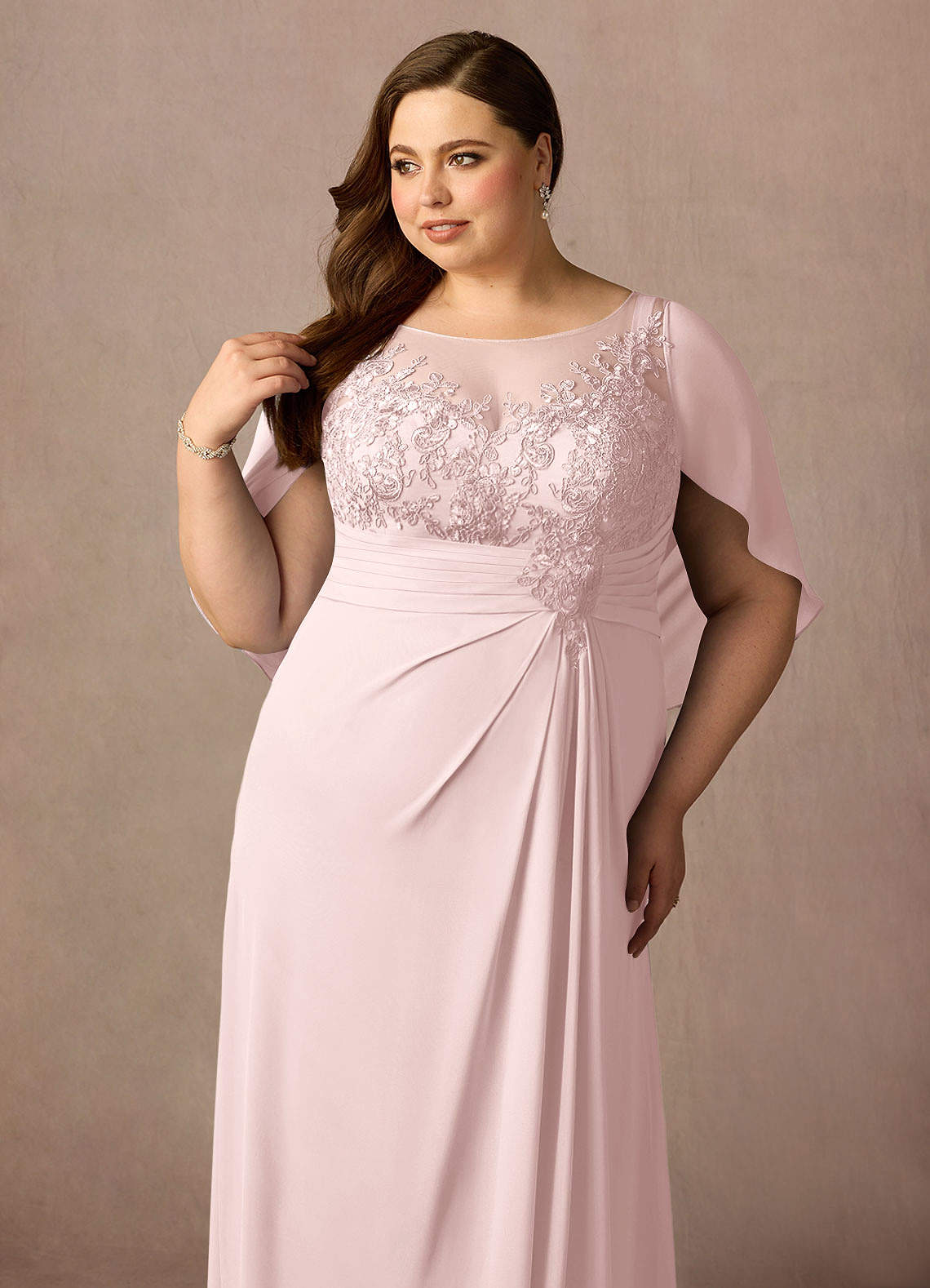 Azazie Hera Mother of the Bride Dresses Blushing Pink A-Line Lace Capelet Chiffon Dress image10