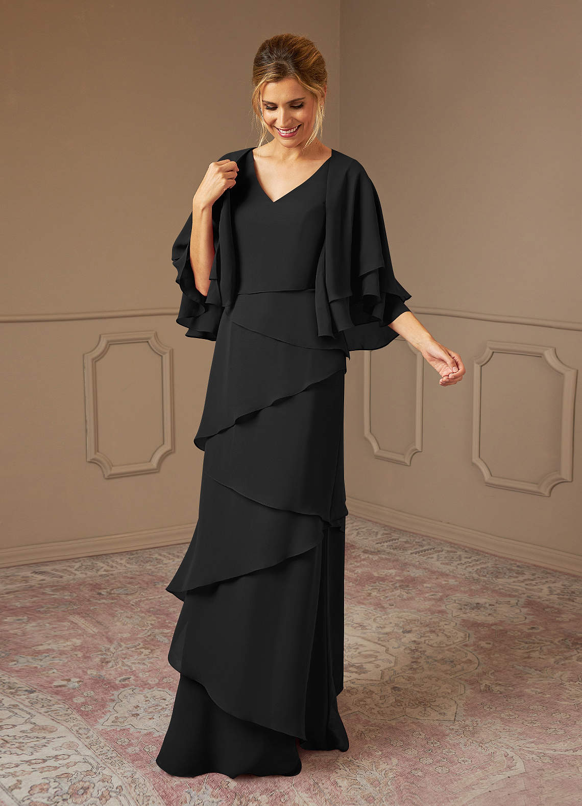 Azazie OHara Mother of the Bride Dresses Black A-Line V-Neck Chiffon Dress image7