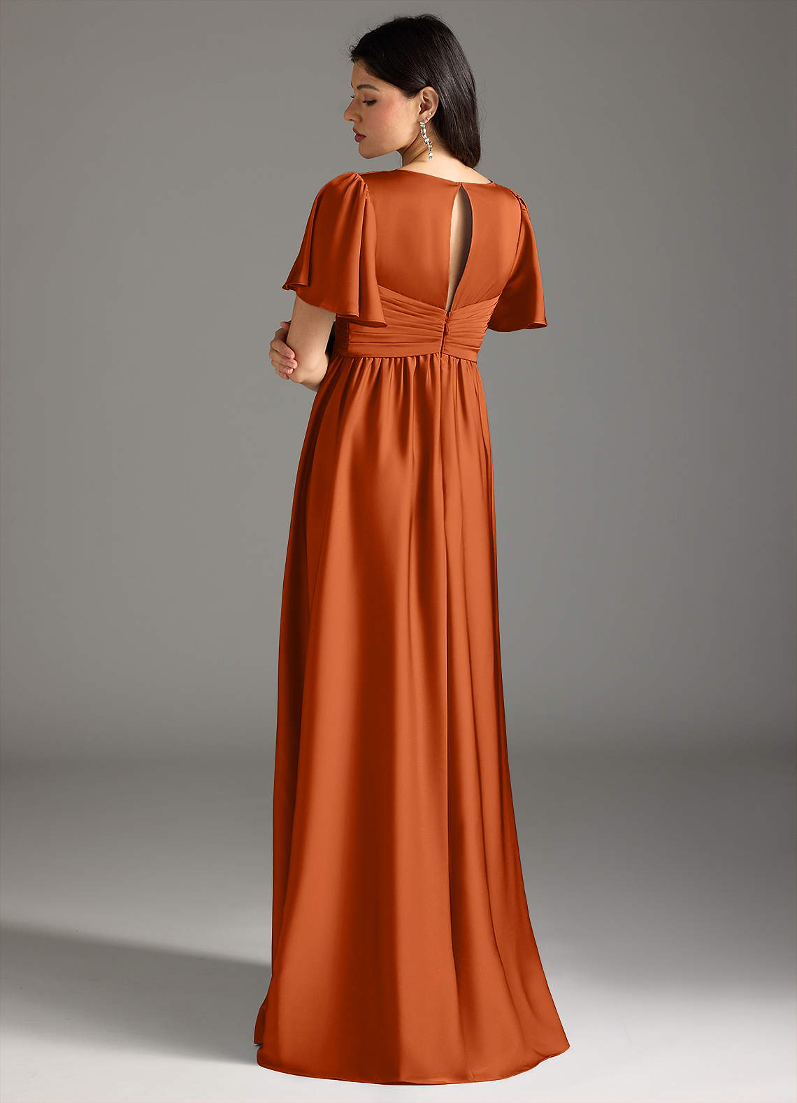 Azazie Verna At-home Try On Dresses A-Line Ruched Stretch Satin Floor-Length Dress image1