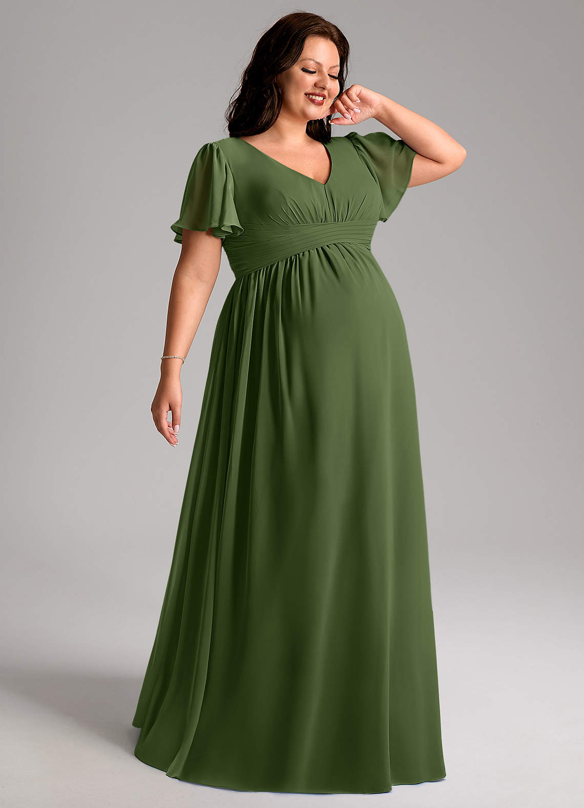 Azazie Verna Maternity Bridesmaid Dresses A-Line V-Neck Ruched Chiffon Floor-Length Dress image1