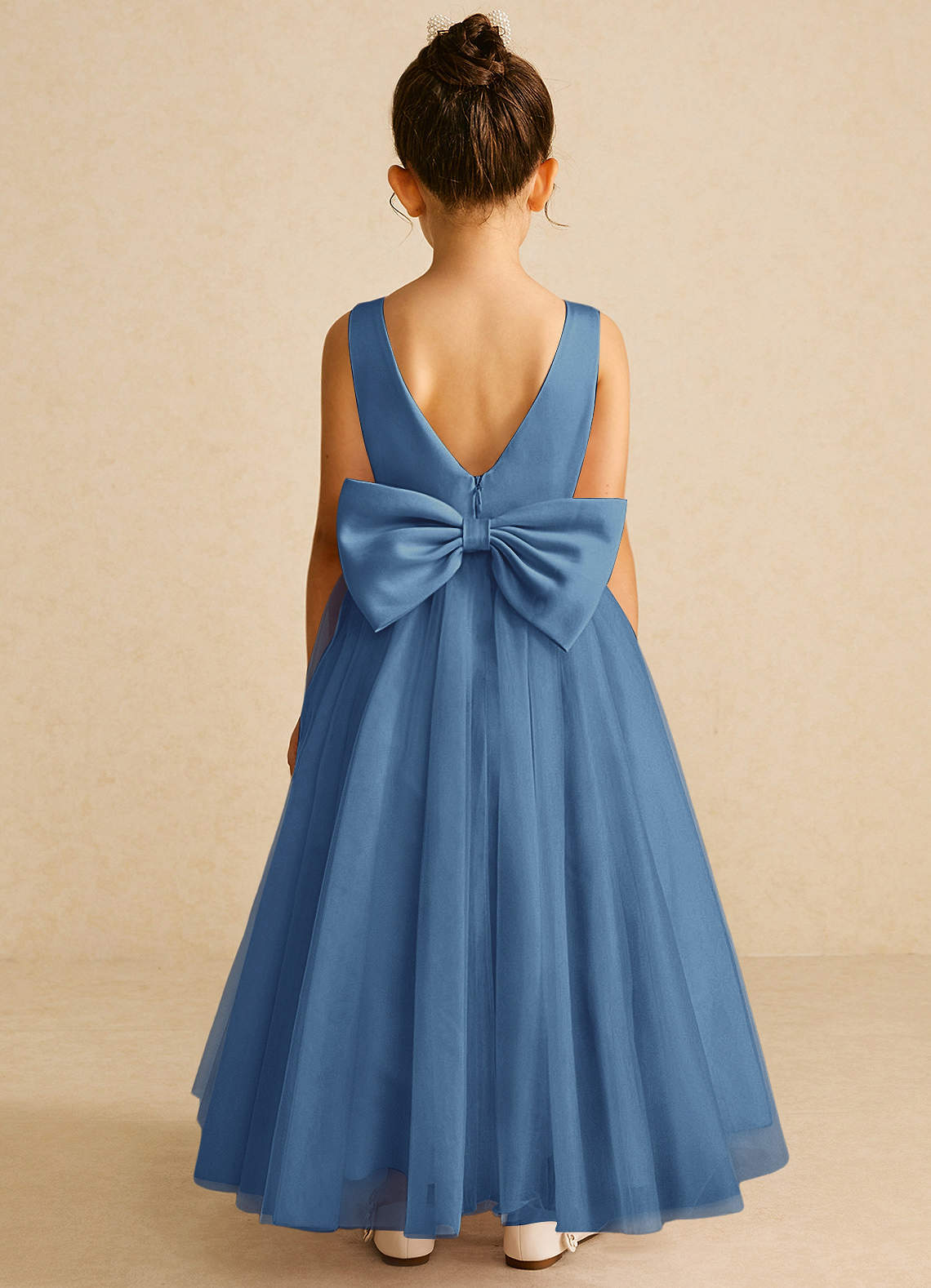 Azazie Pumpkin Flower Girl Dresses Steel Blue A-Line Bow Tulle Dress image5