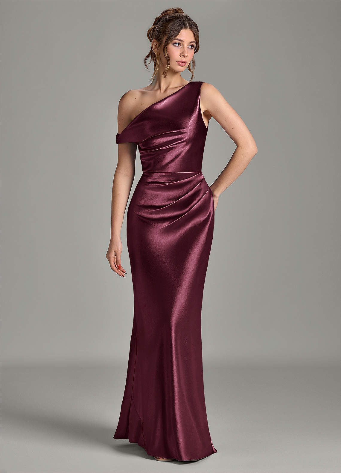 Azazie Emerson Bridesmaid Dresses Cabernet Mermaid Off the Shoulder Metallic Satin Dress image3