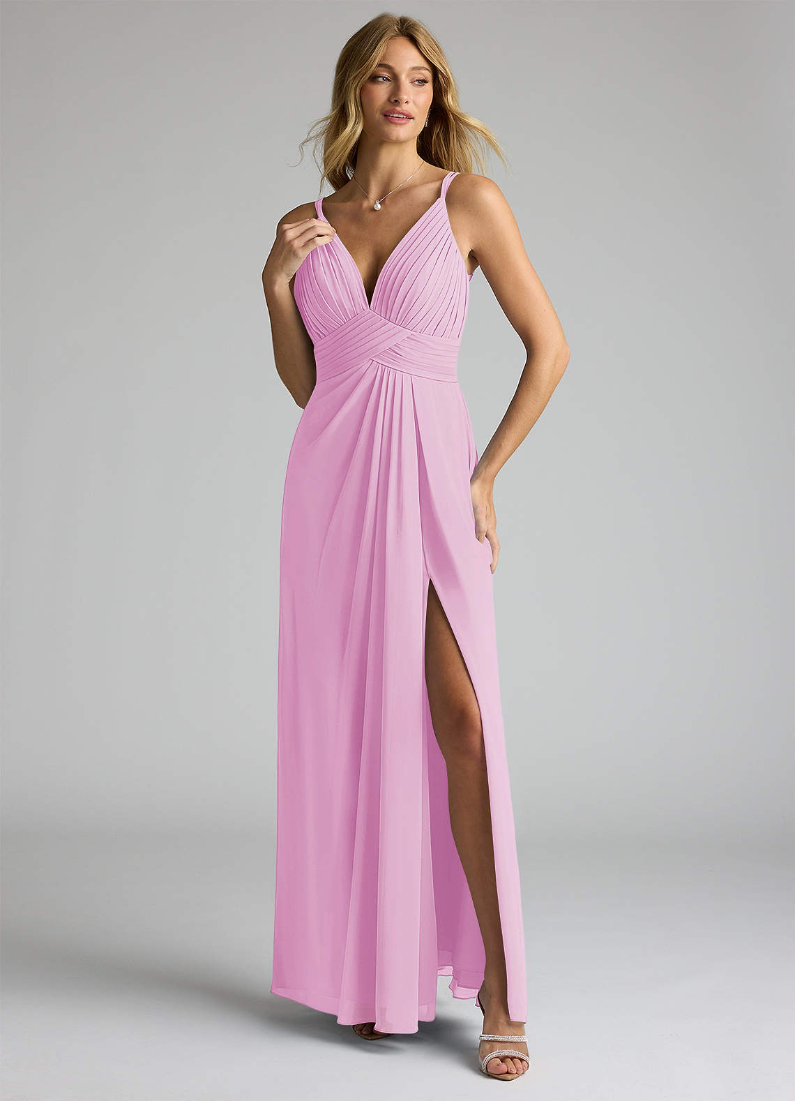 Azazie Maren Allure Brautjungfernkleider A-Linie V-Hals Spitze Chiffon Kleid Bonbonrosa image1