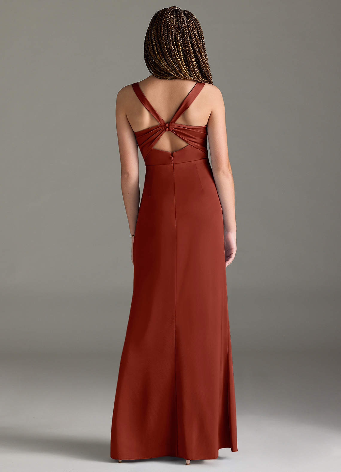 Azazie Mero Junior Vestido de Terracota de Satén Elástico de Corte Sirena con Plisado image4