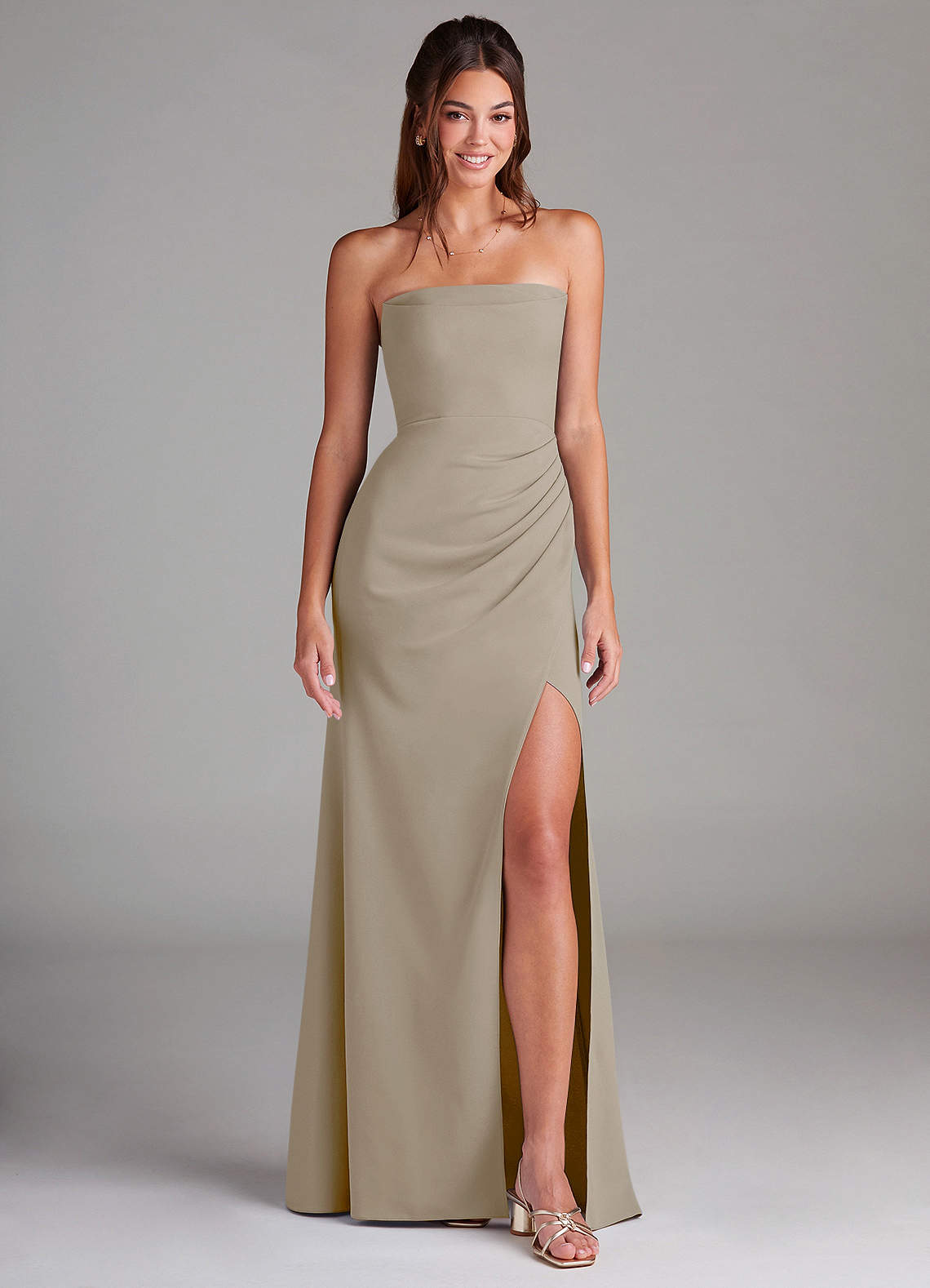 Azazie Leonis Bridesmaid Dresses Taupe Sheath Strapless Stretch Crepe Convertible Dress image1