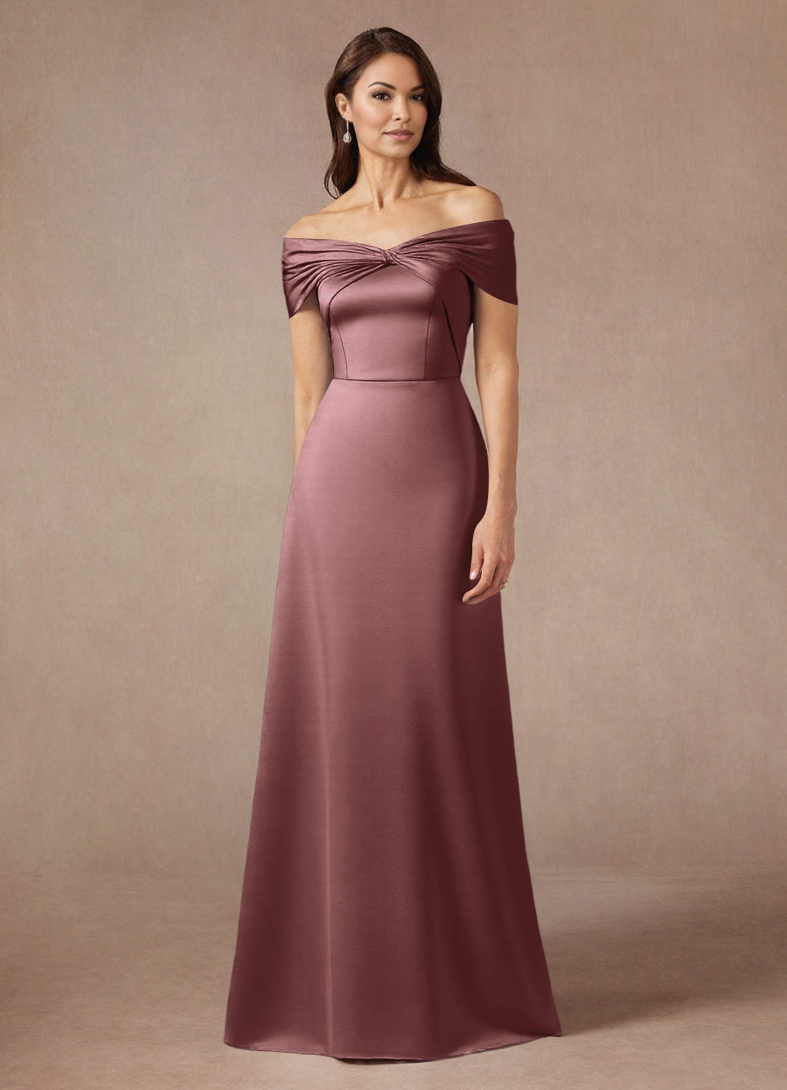 Azazie Amelia Vintage Mauve A-Line Off the Shoulder Stretch Satin Dress |  Azazie