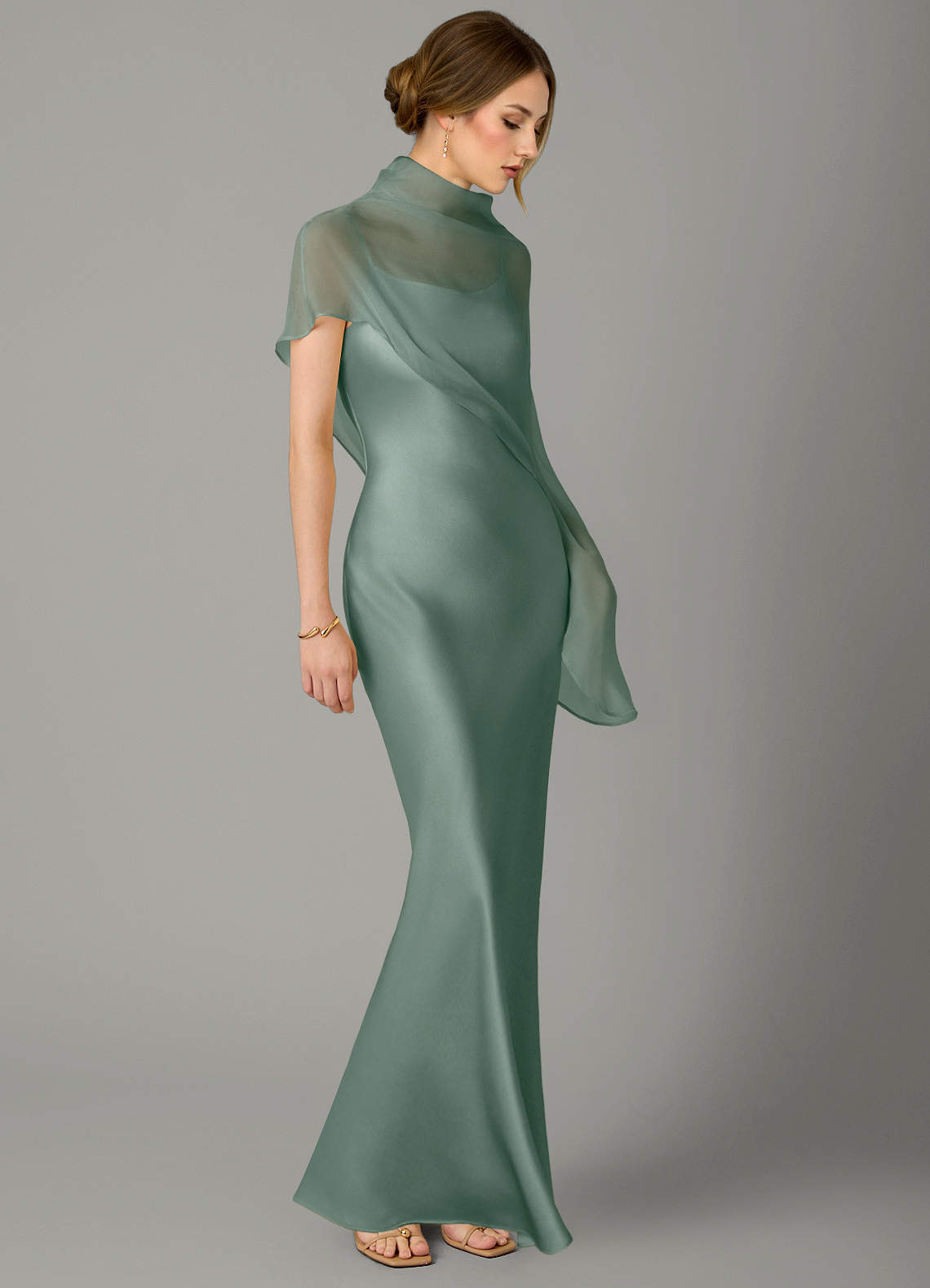 Azazie Jaleesa At-home Try On Dresses Agave A-Line High Neck Stretch Satin Dress image2