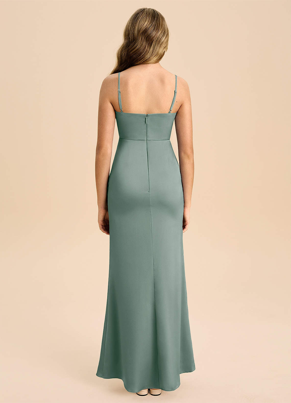 Azazie Buzzy Junior Dusty Blue Sheath Pleated Stretch Satin Dress image1