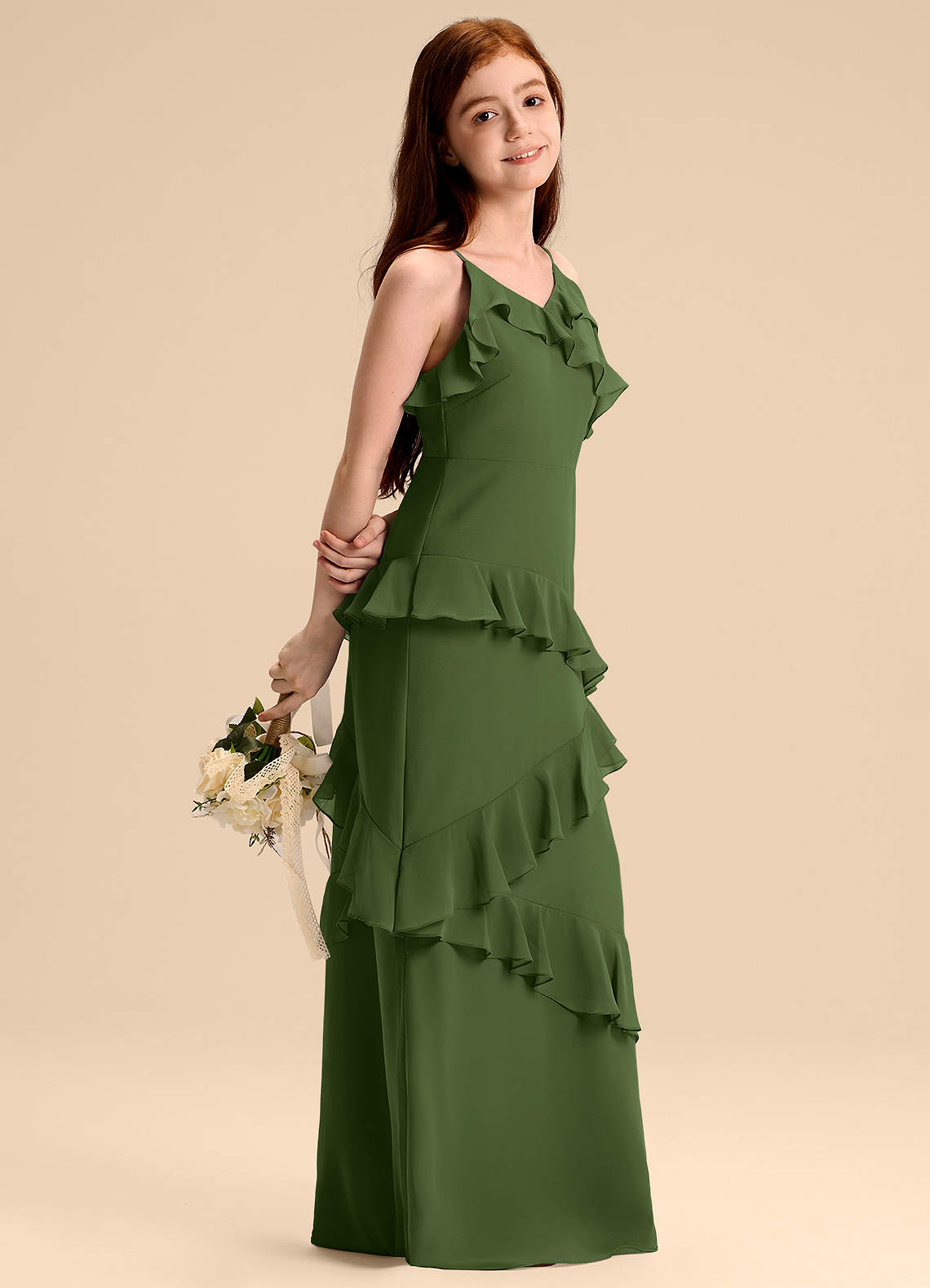Azazie Evara Junior Olive A-Line Chiffon Dress image1
