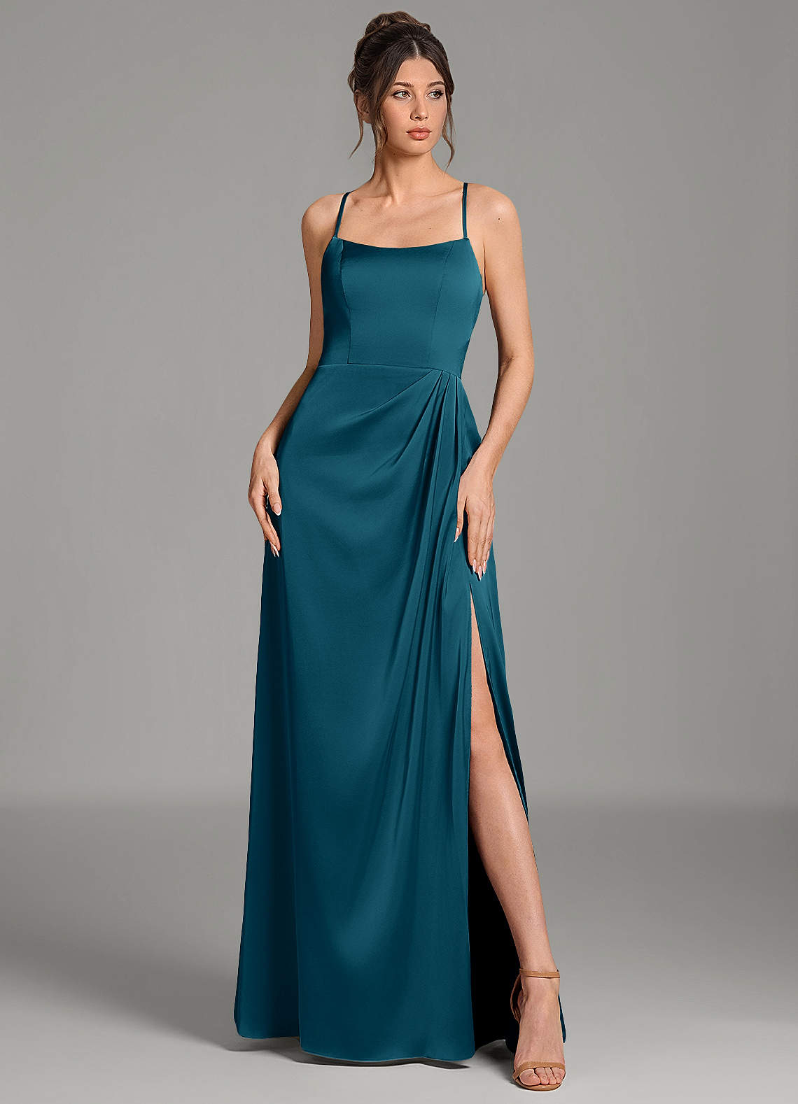 frankie silk dress blue Azazie A-Line Halter Neck Floor-Length Stretch Satin Bridesmaid Dresses 82cm/32.5in back-style:v-back Grey Blazer Matching Wear Size:140-9/10y