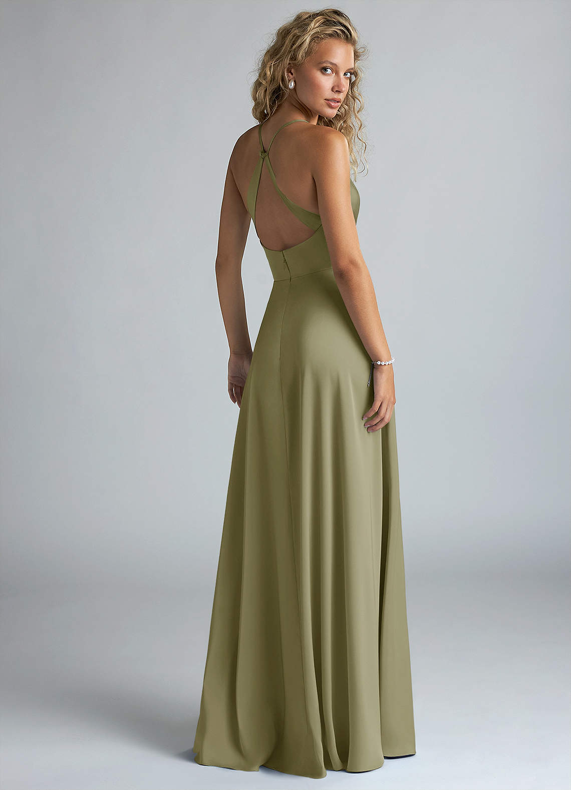 Azazie Davis Jurken voor bruidsmeisjes Jurk van Stretch Satijn met A-Lijn Geplooid Pistache image2