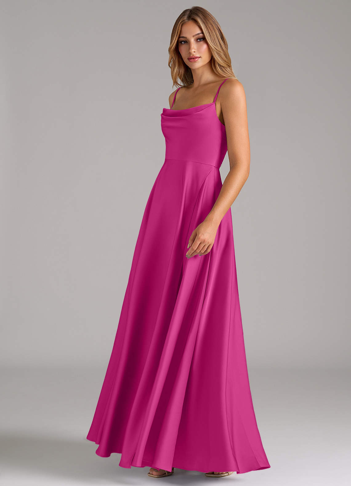 Azazie Elle Robes de demoiselle d'honneur Robe Trapèze en Satin extensible Plissée Fuchsia image5