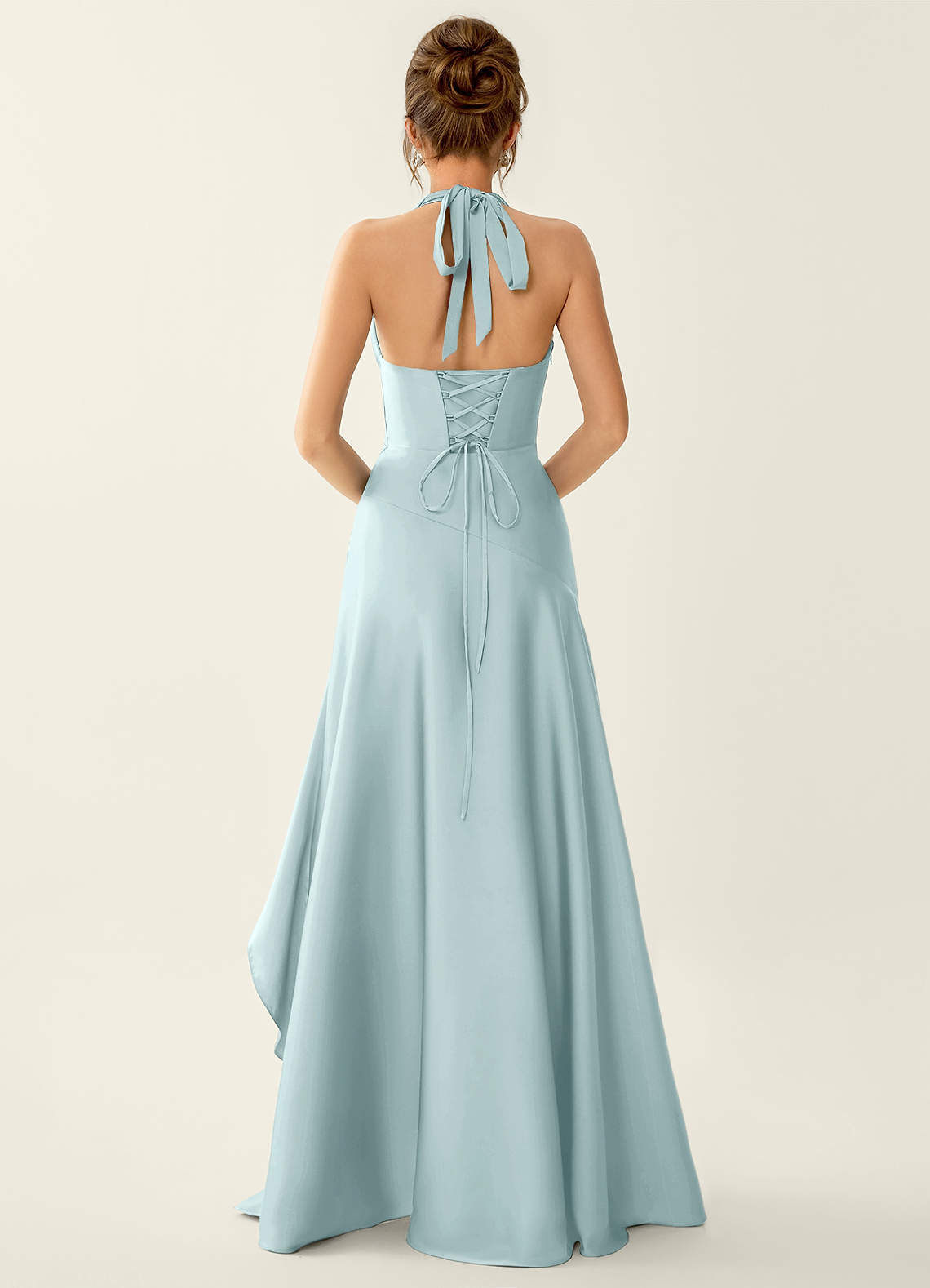 Titania Mist Satin V-neck Ruffled Prom Dress | Azazie