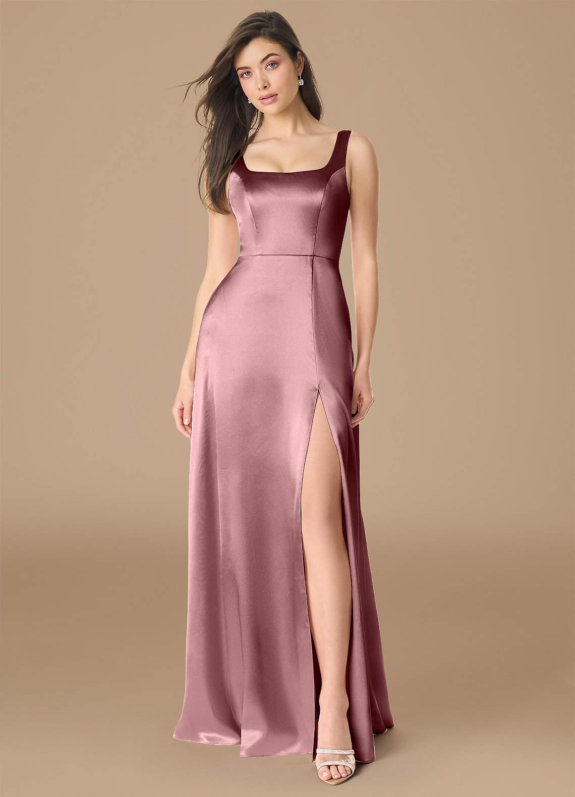 Azazie Joyce Bridesmaid Dresses Vintage Mauve A-Line Side Slit Metallic Satin Dress image1