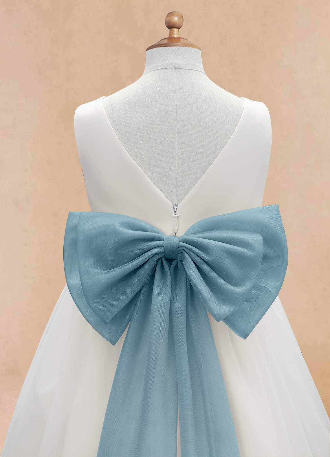 Azazie Kavi Flower Girl Dresses Ivory Moody Blue A-Line Bow Matte Satin Dress image9