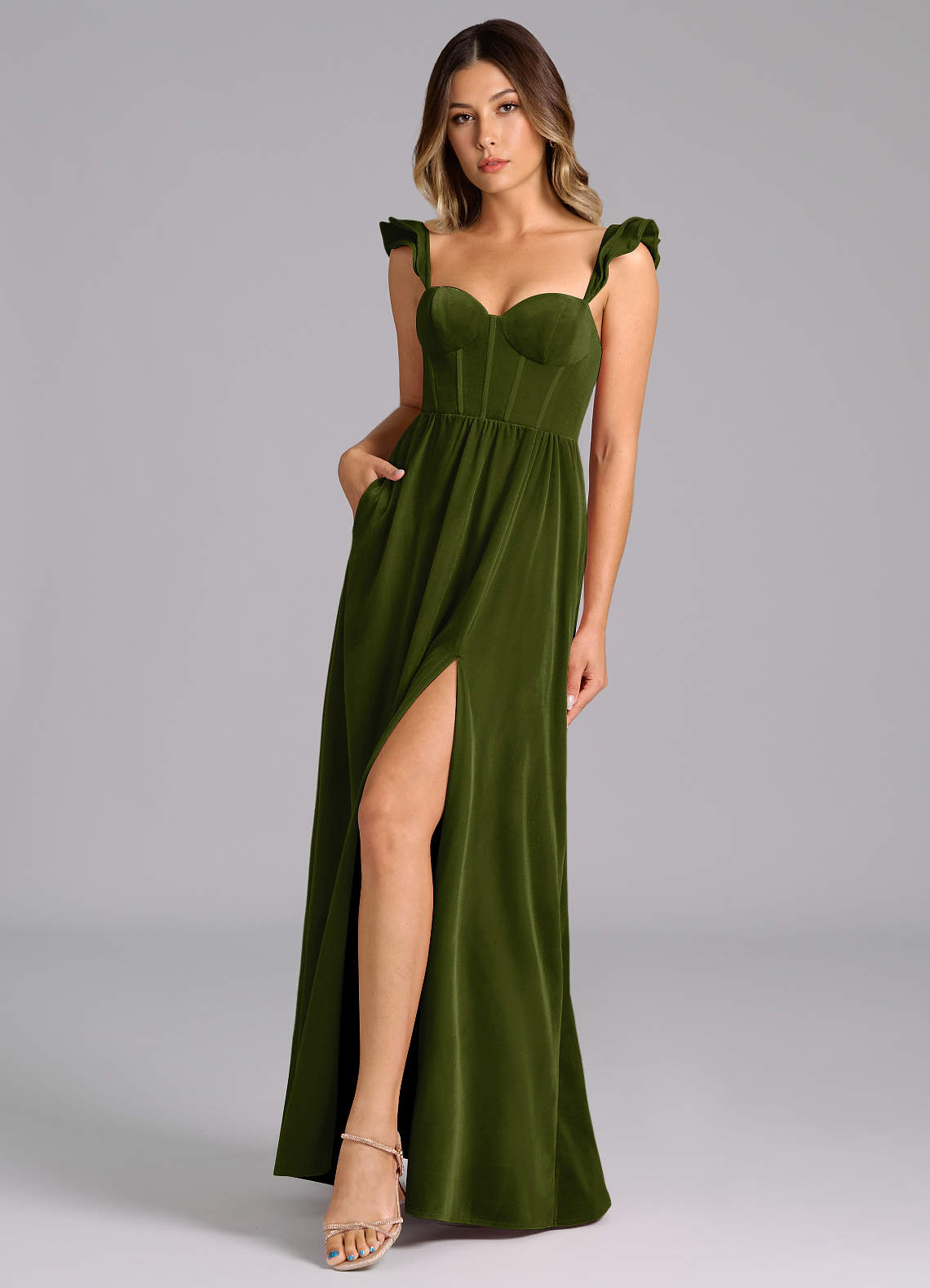 Azazie Denisse Bridesmaid Dresses Olive A-Line Ruched Velvet Dress image1