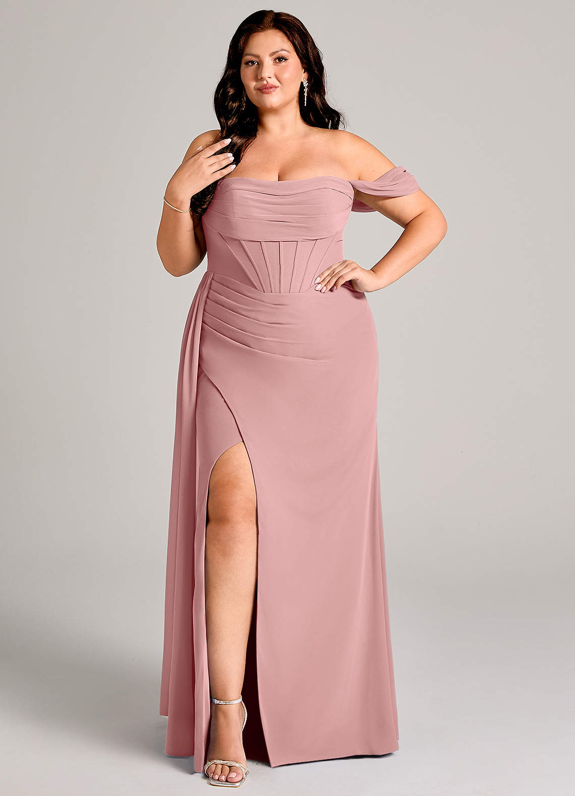 Azazie Amyra Bridesmaid Dresses Dusty Rose Sheath Off the Shoulder Chiffon Convertible Dress image1