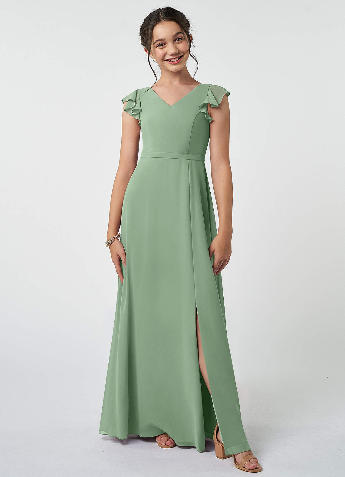 open lace back dress BABARONI Chiffon Olive Green Junior Bridesmaid Dresses A-line Scoop Flutter  Sleeve Bow Floor-length