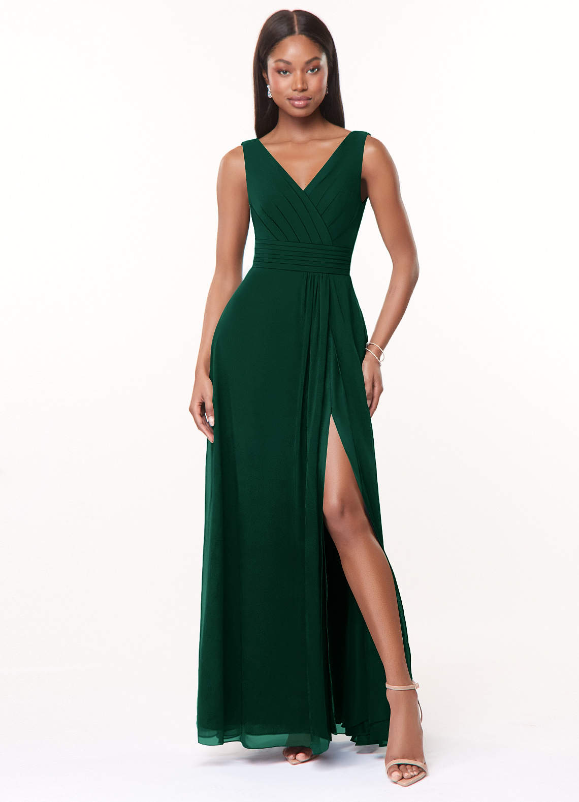 Azazie Karina Bridesmaid Dresses Emerald A-Line Pleated Chiffon Dress image1
