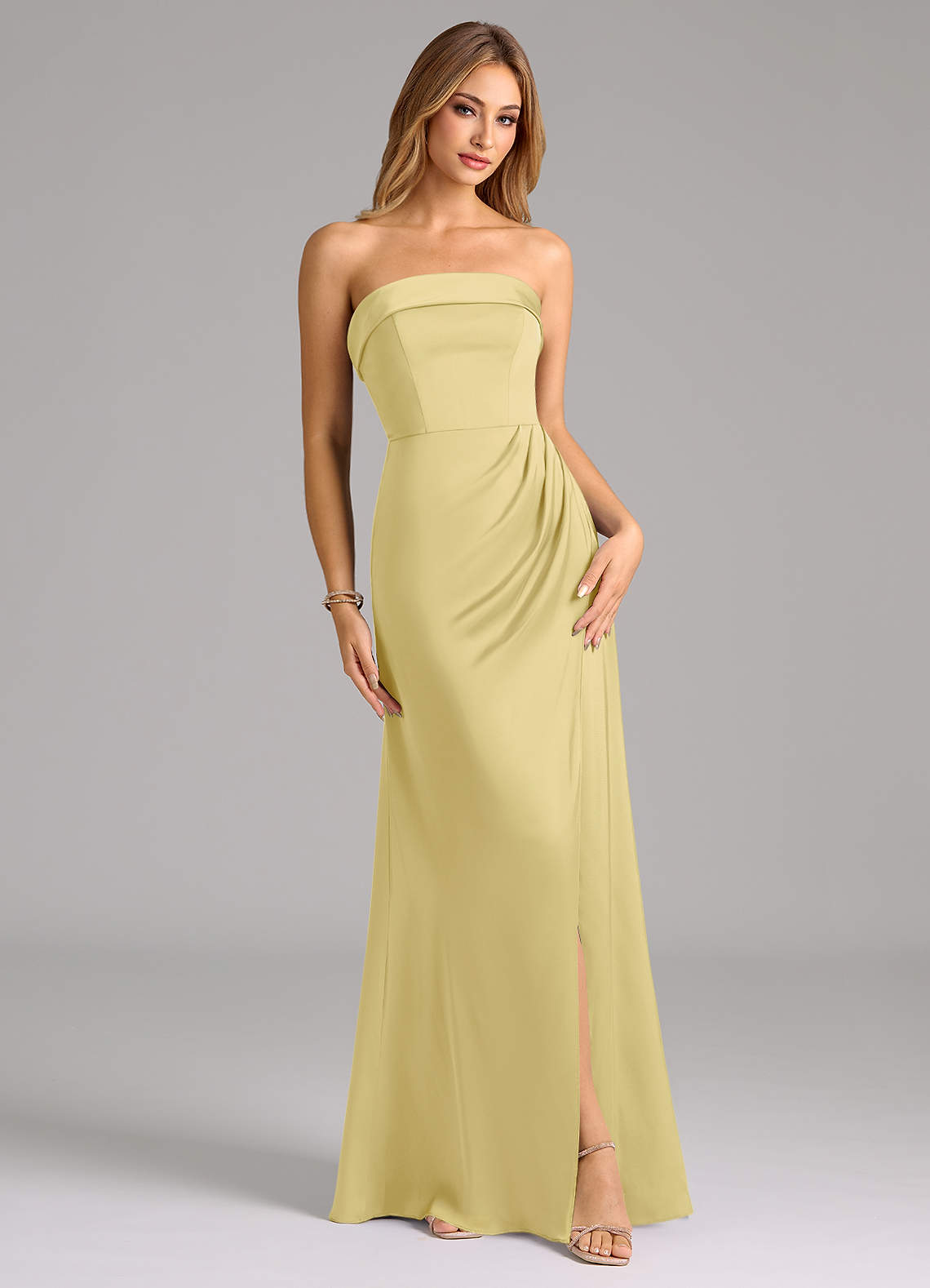 Azazie Aretha Brautjungfernkleider Wandelbar A-Linie Schulterfrei Stretch-Satin Kleid Zitronensorbet image1