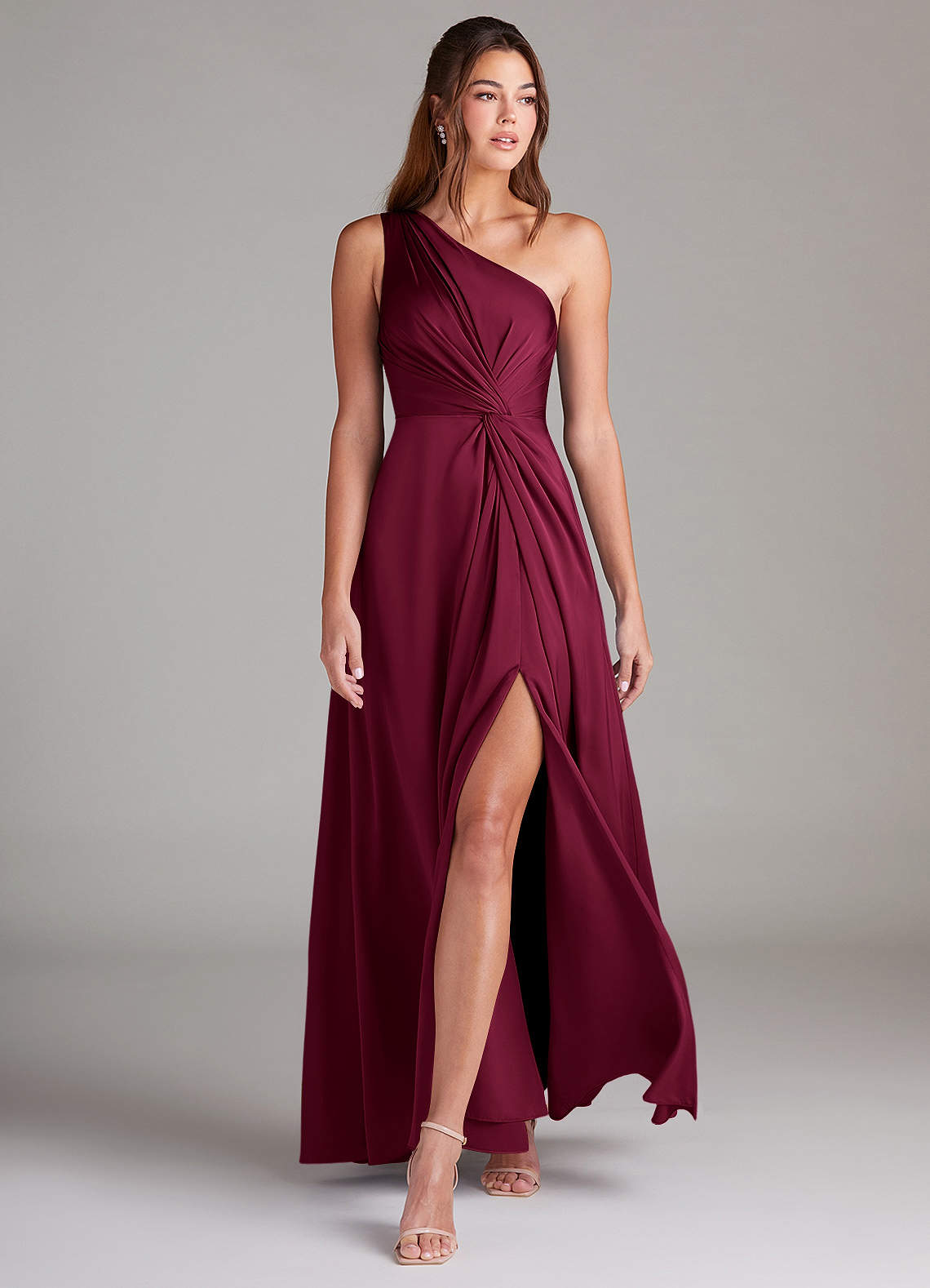 Azazie Brooke Bridesmaid Dresses Burgundy A-Line One Shoulder Stretch Satin Dress image3