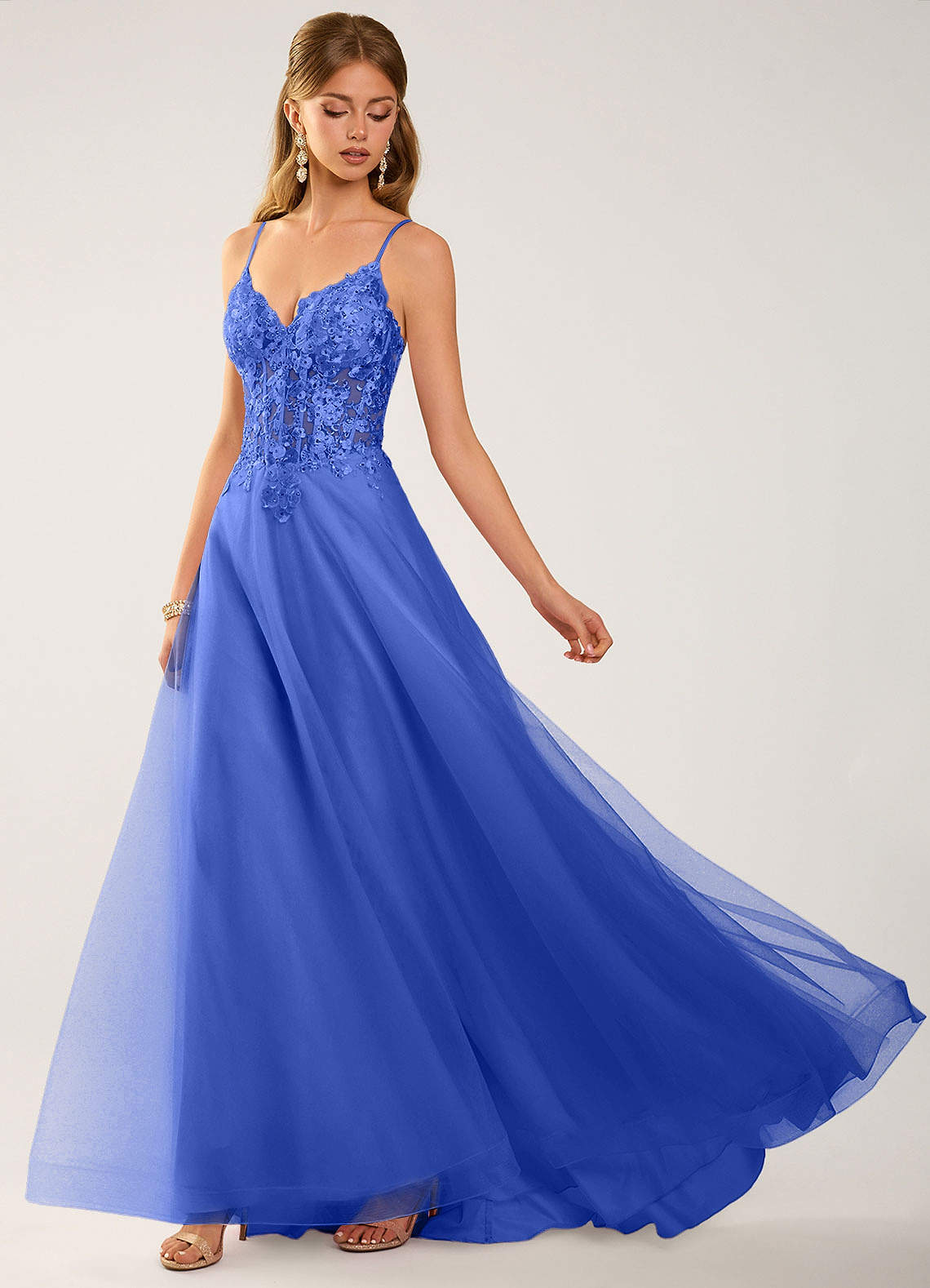 Calliem Royal Blue Beading Lace Tulle Prom Dress | Azazie Calliem Royal Blue Beading Lace Tulle Prom Dress | Azazie