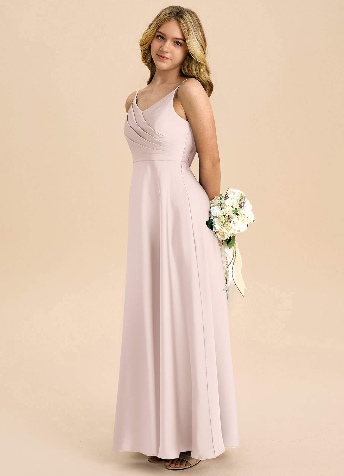 Azazie Bug Junior Linia A Pofałdowany Satyna elastyczna Długość podłogi Młodsza druhna Sukienka image6