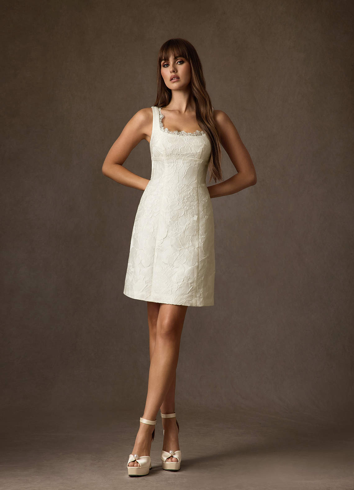 Azazie Janet At-home Try On Dresses Antique White A-Line Square Neckline Floral Jacquard Dress image2