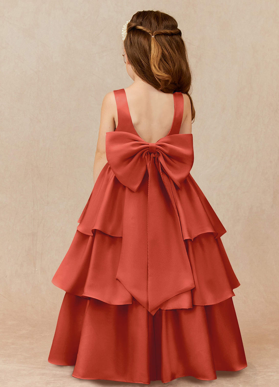 Azazie Margie Flower Girl Dresses Rust A-Line Bow Stretch Satin Dress image1