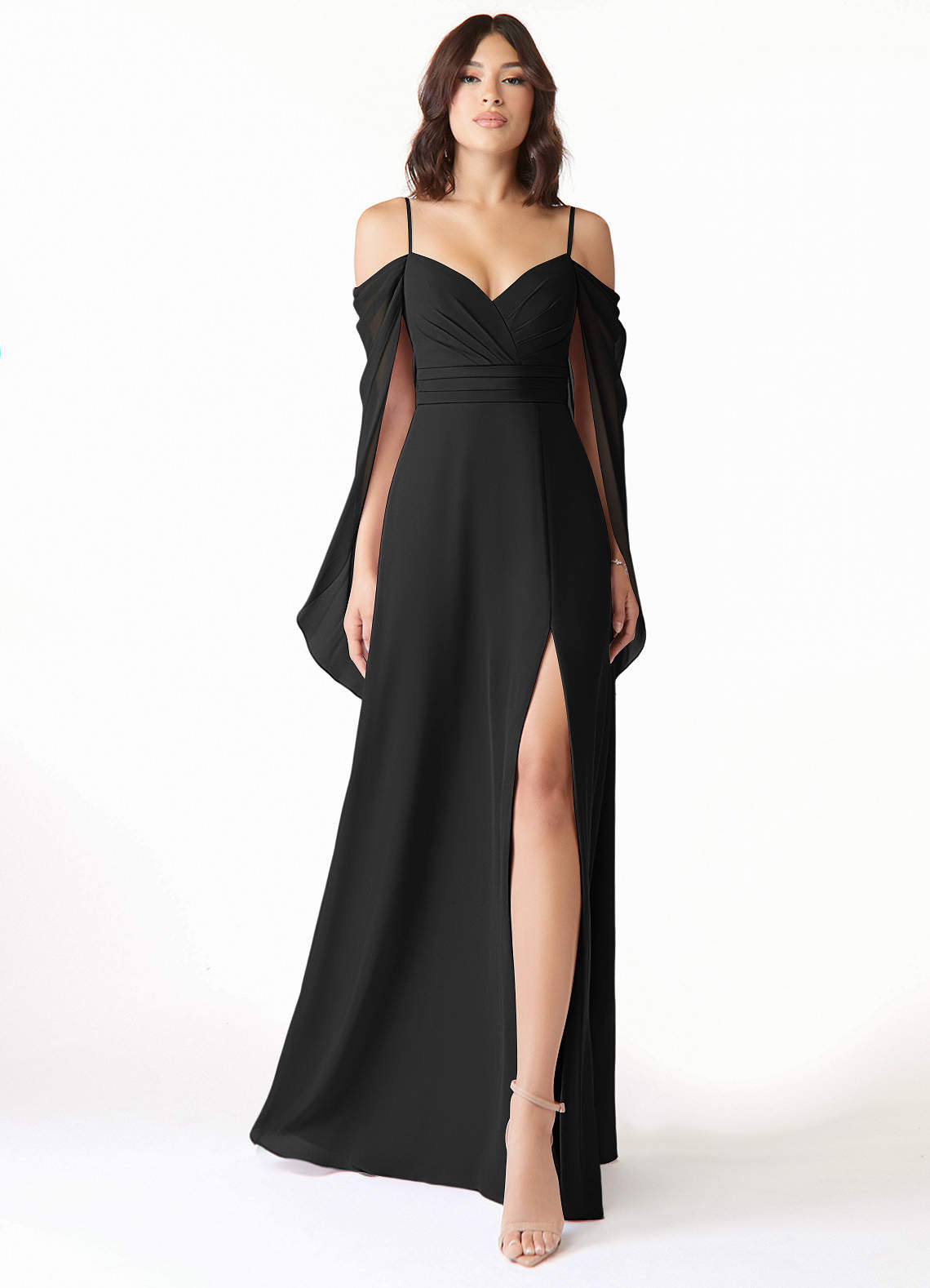 Azazie Cienna Bridesmaid Dresses Black A-Line Off the Shoulder Chiffon Dress image1
