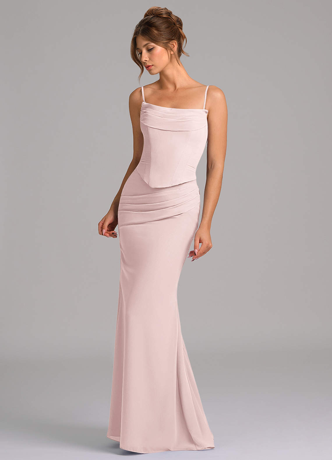 Azazie Sorrel Vestidos de damas de honor Vestido de Rosa Rubor de Gasa de Corte Sirena con Corsé image5