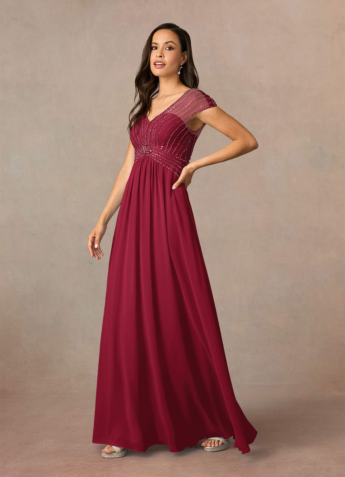 Azazie Star Burgundy A-Line V-Neck sequins Chiffon Dress