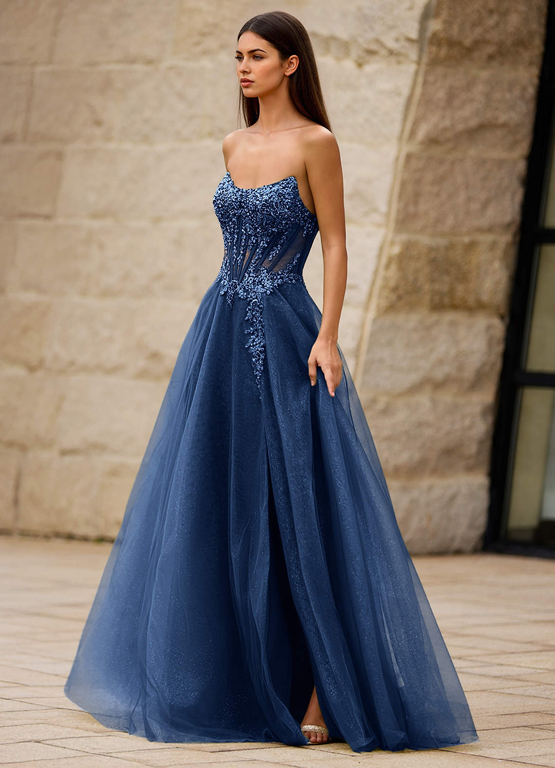 green emerald velvet dress Dark Blue Sequins Long Prom Dress, Elegant A-Line Evening Party Dress main image 0